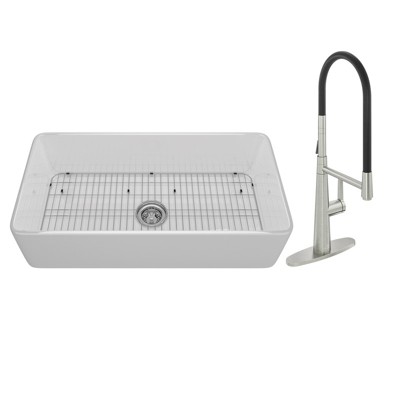 33-inch Fireclay Farmhouse Apron Kitchen Sink with LED Function Kitchen Faucet Combo