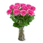 Dozen Fresh Cut Pink Roses with Vase