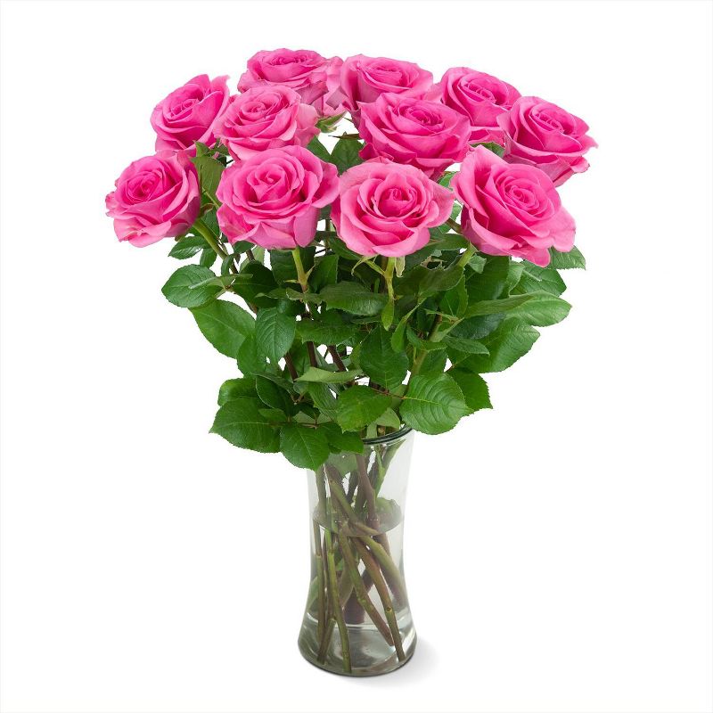 Dozen Fresh Cut Pink Roses with Vase, 1 of 7