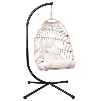 SEVOBAL Patio Swings Outdoor Egg Hanging Chair with Stand Wicker Design for Patio Garden Indoor Decor, Gray, 44.4"*30.3"*8.7"