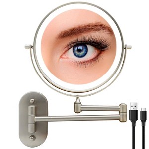 FASCINATE Rechargeable Wall Mounted Lighted Makeup Mirror 1X/10X and 3 Color Lights, 2-Sided Dimmable LED Lights, Extended Arm 360° Swivel - 1 of 4