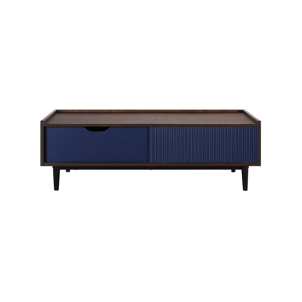 Photos - Coffee Table Duane Ribbed  with Drawer and Shelf Dark Brown/Navy Blue - Manhattan Comfort: Mid-Century Modern, Industrial Chi