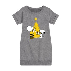 - Peanuts - Xmas Charlie And Snoopy Graphic Short Sleeve Fleece Dress - 1 of 4
