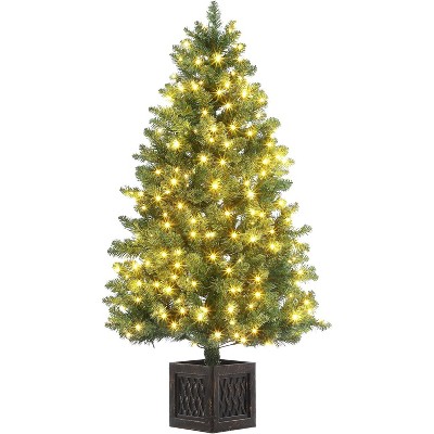 4.5 ft Pre-Lit Artificial Christmas Tree, Artificial Christmas Tree with 300 Warm White Lights and Vintage Potted Base, Easy Assembly