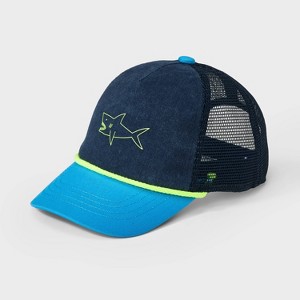 Boys' Shark Baseball Hat - Cat & Jack™️Blue/Lime: Adjustable Mesh Twill, Lightweight, Animal Pattern - 1 of 3