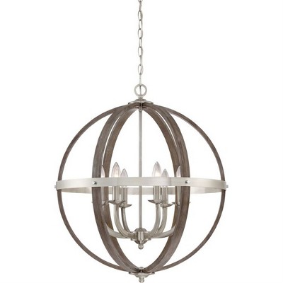 Brushed Nickel and Faux Wood Globe Chandelier, 24.75"