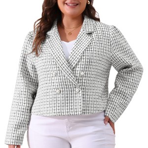 Agnes Orinda Women's Plus Size Notched Lapel Long Sleeve Plaid Tweed Blazers - 1 of 4