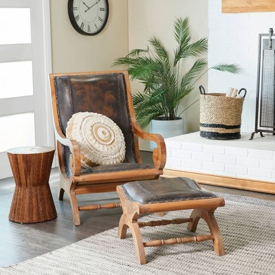 Traditional Dark Brown Leather Accent Chair and Ottoman Set