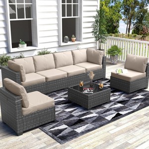 GustoWave 7-Piece All-Weather Outdoor Wicker Living Room Set, Including A Glass-Top Coffee Table, A Pe Rattan And Wicker Sofa With Cushions - 1 of 4