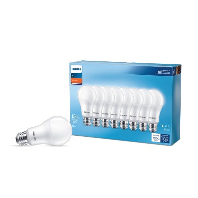 Philips LED 100W Frosted Soft White A19 8-Pack (Non-T20): 1500 Lumens, Standard E26 Base, 2700K, General Purpose Light Bulbs