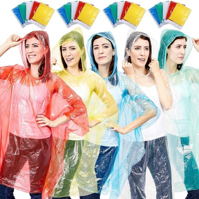 Juvale 20 Pack Clear Ponchos with Hood for Adults, Individually Wrapped Disposable Raincoats, 5 Rainbow Colors