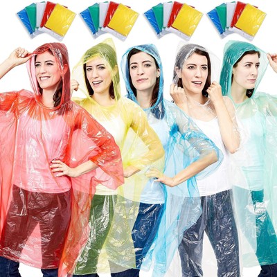 Photo 1 of Juvale 20 Pack Disposable Clear Rain Ponchos with Hood for Adults, Individually Wrapped Bulk Emergency Raincoats, One Size, 5 Rainbow Colors