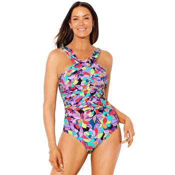 Swimsuits for All Women's Plus Size Plunge One Piece Swimsuit - 14, Blue