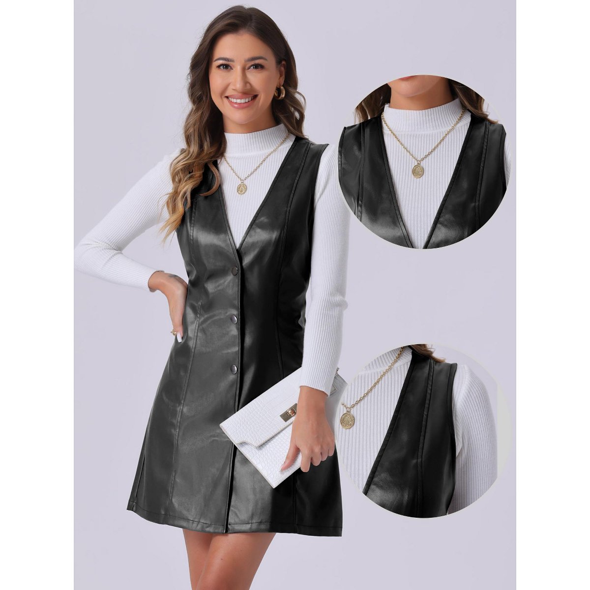 Женские платья INSPIRE CHIC Women's Faux Leather Pinafore Button Down V Neck Sleeveless Mini Overall Dresses Black Large — фото 3