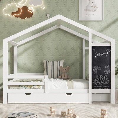 House Bed Frame with Blackboard and Drawers for Kids/Teens Bedroom, Wood Platform Bed with Roof Design, No Box Spring Needed & Easy Assemble