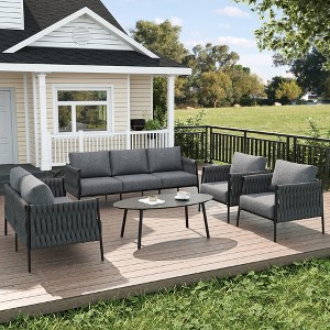 LayinSun 5 Piece Outdoor Furniture Set with Coffee Table, Modern Rope Woven Patio Conversation Sofa Set with Olefin - 1 of 4