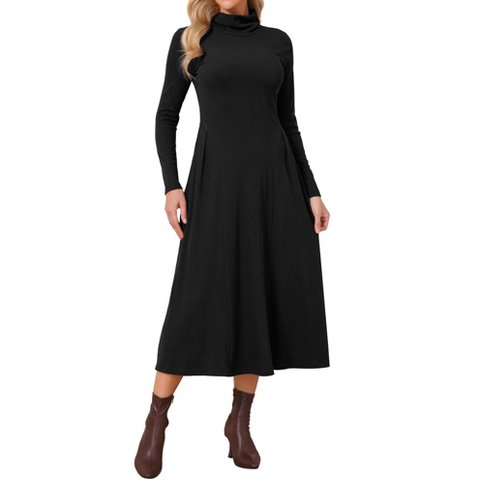 Женские платья INSPIRE CHIC Women's Turtleneck Long Sleeve Ribbed Knit A-Line Flare Midi Sweater Dress Black Small