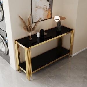 KIGFTSOD Top & Bottom Double Layer Tempered Glass Console Table with Mirror-Finished Stainless Steel Frame - 1 of 4
