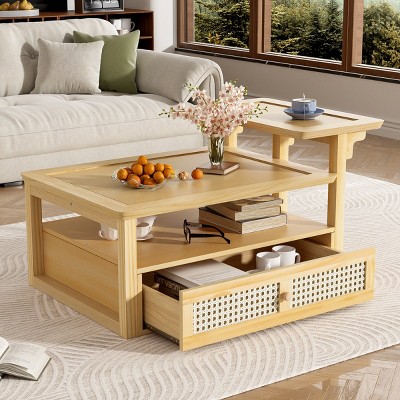 Living Room MDF Storage Coffee Table,Coffee Table With Storage Shelf And Rattan Drawer,Shelf Adjustable,Small Space Coffee Table-Cuddlewood