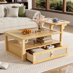 Living Room MDF Storage Coffee Table,Coffee Table With Storage Shelf And Rattan Drawer,Shelf Adjustable,Small Space Coffee Table-Cuddlewood - 1 of 4