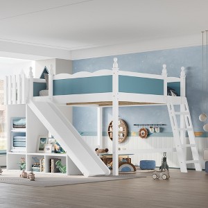 KWPZQEB Kids Loft Bed with Storage Shelves, Detachable Slide and Ladders, Wooden Kids Loft Bed with Safety Guardrail, Under-Bed Play Space - 1 of 4