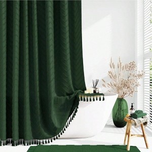 Shower Curtain, Dark Green Tufted Chevron Textured Tassel, Water Repellent, Minimalist Ruffled Cloth, 12 Hook, 72x72 - 1 of 4