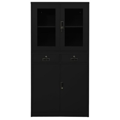 vidaXL Industrial Steel and Tempered Glass Office Cabinet | Black Color | 3 Adjustable Shelves and 2 Drawer Storage | 35.4x15.7x70.9 Size