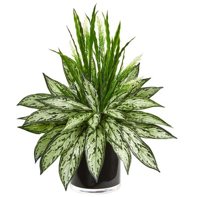 Nearly Natural 20-in Silver Queen and Grass Artificial Plant in Black Vase