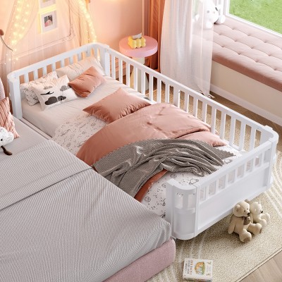 Lyngins Kids’ Wood Platform Bed Frame with Safety Guardrails and Detachable Fence, Rounded Corners, Toddler Beds, Twin Size Bed Frame for Kids