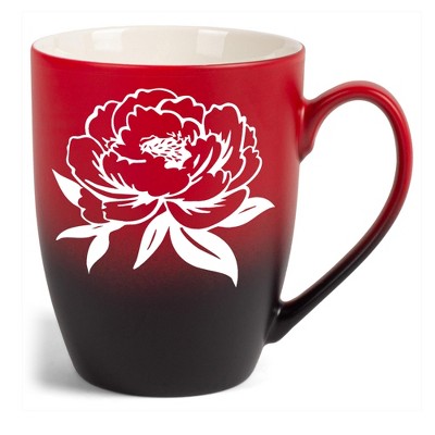 Elanze Designs Botanical Floral Nature Coffee Cup Mug 12 Ounce Ceramic With Ombre Gradient Elegant Minimalist Peony Flower Silhouette Red and Black