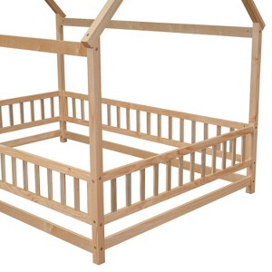 Okak Full Size Bed Frame with House-Style Roof & Fences Guardrails, Modern Floor Bed for Toddlers/Kids Bedroom - 1 of 4