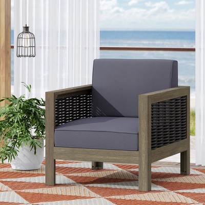 Coolbibila Modern Outdoor Acacia Wood Fabric Upholstered Club Chair,Patio Slat Design Wicker Accents Armchair with Waterproof Seat Cushion