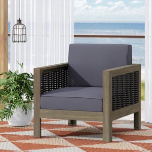 Coolbibila Modern Outdoor Acacia Wood Fabric Upholstered Club Chair,Patio Slat Design Wicker Accents Armchair with Waterproof Seat Cushion - 1 of 4