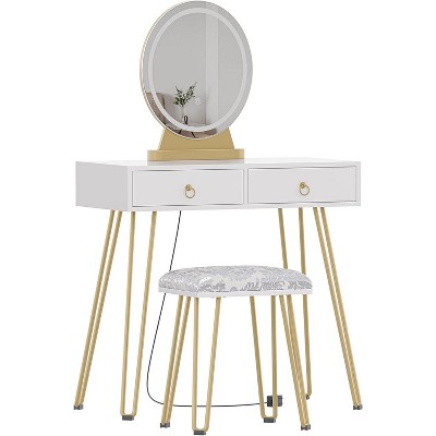 Coucheta White Makeup Vanity Set with Lighted Mirror & Stool - 31.5" Small Space Vanity Table, 2 Drawers, Adjustable Lighting