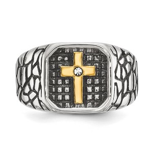 Chisel Stainless Steel Antiqued and Polished Yellow IP-plated with Cubic Zirconia Cross Signet Ring - 1 of 4