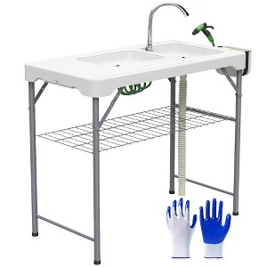 Outsunny Folding Fish Cleaning Table with Sinks, Outdoor Fillet Table with Faucet, Drainage Hose, Sprayer, Shelf, Drawer and Storage Basket - 1 of 4