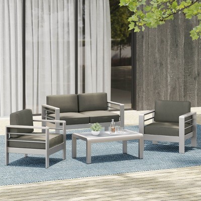Outdoor 4 Pcs Furniture Set, Sectional Sofa Set with 4 Seaters, Patio Conversation Set with Aluminum Frame and PE Cushions-Coolbibila