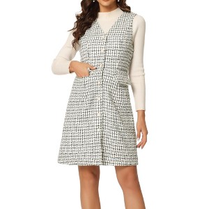 INSPIRE CHIC Women's V Neck Button Front Pockets Vintage Sleeveless Plaid Tweed Pinafore Dress - 1 of 4