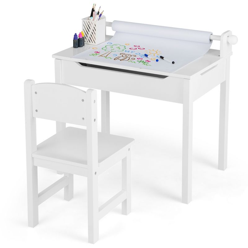 Costway Toddler Craft Table & Chair Set Kids Art Crafts Table withPaper Roll Holder Grey/White, 1 of 11
