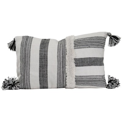 Black Striped Hand Woven 14x22" Outdoor Decorative Throw Pillow with Hand Tied Tassels - Foreside Home & Garden