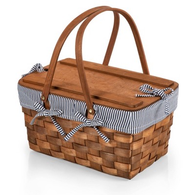 Picnic Time Kansas Handwoven Wood Stipe Picnic Basket - Navy/White