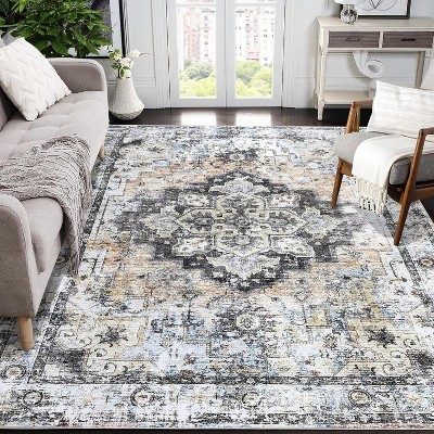 Large Vintage Medallion Rug, Low Pile Non-Slip Washable Traditional Carpet for Living Room, Bedroom, Dining Room