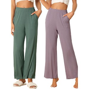 cheibear Women's Cotton Elastic Waist Straight Wide Leg Long Pants with Pocket 2 Pack - 1 of 4