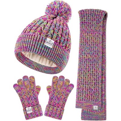 SENPUKI Kids Winter Hat Gloves Scarf Set,Girls Toddler Winter Hat Beanie with Pom Neck Warmer Gaiter Mittens Fleece Lined Set