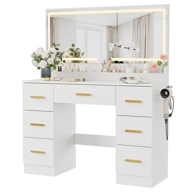 45.9In Makeup Vanity Desk, 3 Lighting Modes Adjustable Brightness, Vanity Table with Power Outlet &8 Drawers, for Powder Room and Bedroom