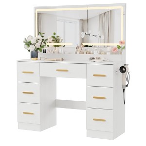 45.9In Makeup Vanity Desk, 3 Lighting Modes Adjustable Brightness, Vanity Table with Power Outlet &8 Drawers, for Powder Room and Bedroom - 1 of 4