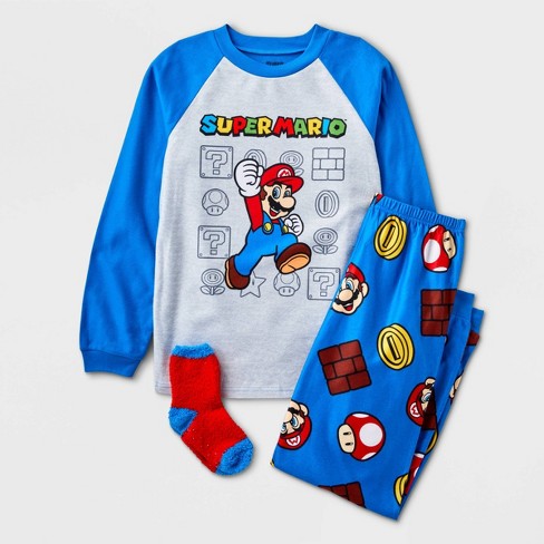 Boys Super Mario Kart 2pc Pajama Set with Socks Blue XS