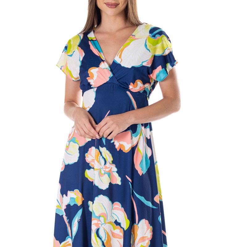 24seven Comfort Apparel Womens Navy Floral Print V Neck Empire Waist Cap Sleeve Maxi Dress, 5 of 7