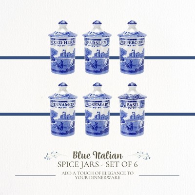 Spode Blue Italian Fine Porcelain Spice Jars, Set of 6