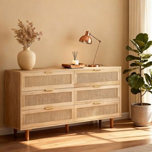 KTMBDW 6 Drawer Dresser for Bedroom, Modern Rattan Dresser, Bedroom Dressers with Drawers, 59" Large Double Wooden Chest of Drawers for Living Room - 1 of 4